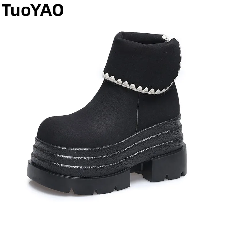 

Women Autumn Winter Leather Ankle Boots 10CM Chunky Heels Motorcycle Boots Woman Thick Bottom High Platform Short Booties