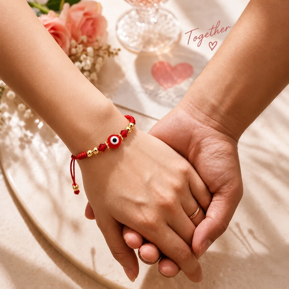 1pc Red Cord Bracelet with Round Evil Eye Charm Golden Beads Red Geometric Beads Adjustable Lace-Up Unisex Style
