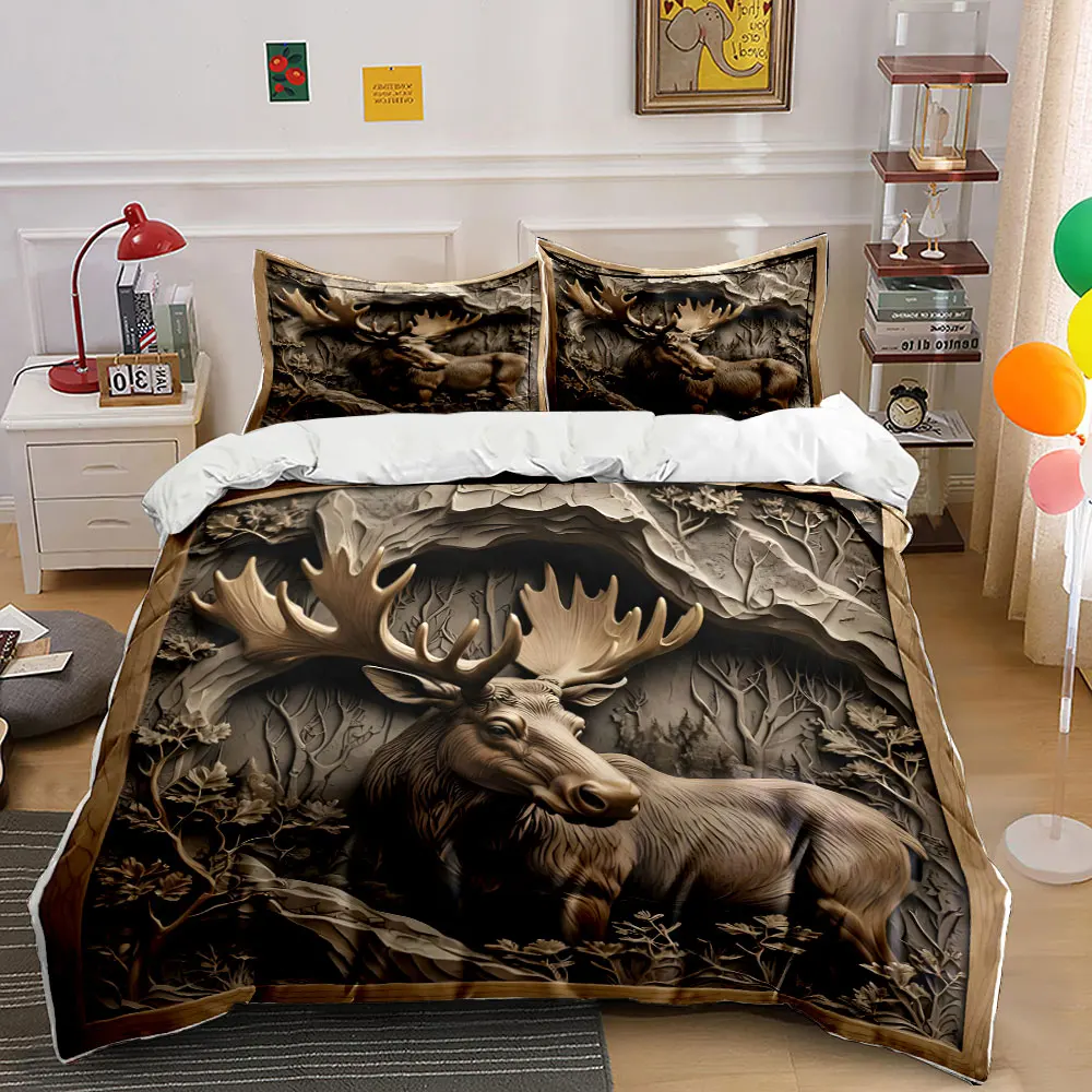 Wooden moose carving in forest Pattern Duvet Cover Set Digital Print Colorful Polyester Bedding with Zipper Closur for kids gift