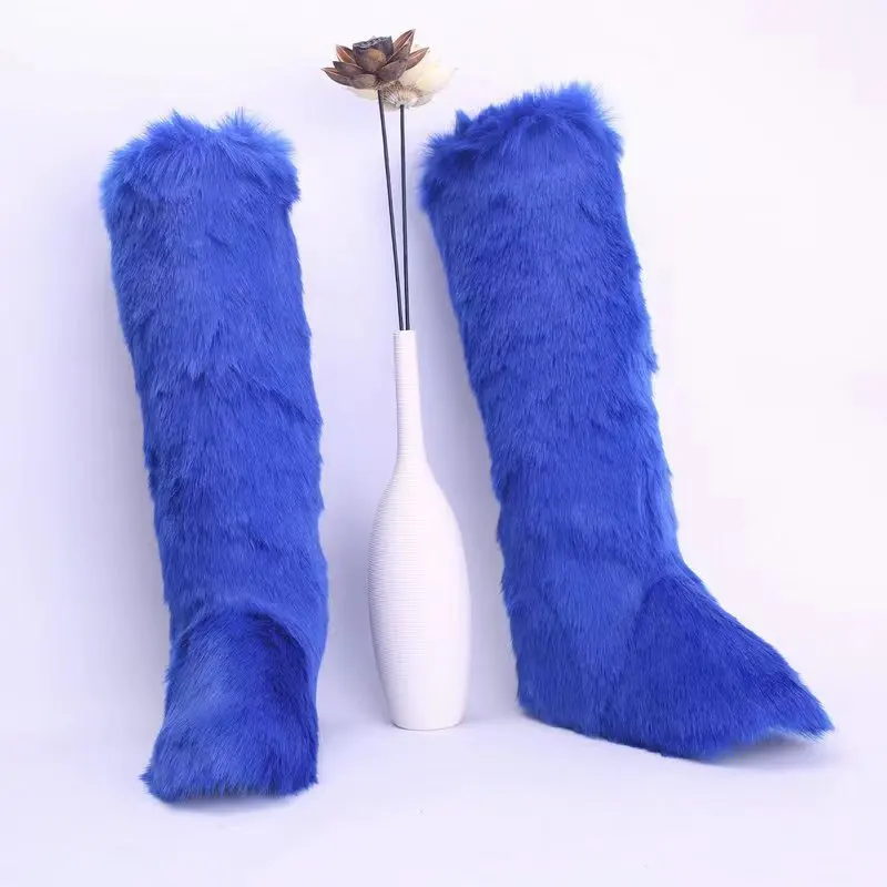 2024 Winter Thigh High Fluffy Boots Ladies Furry Faux Fox Fur Long Warm Shoes Women New Designer Plush Knee High Fur Boots Girls