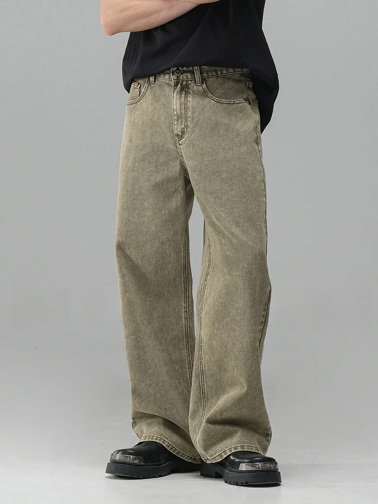 

American Sle Vintage Wide Leg Men's Jeans Casual Loose Straight Cotton Denim Spring New Faion Snowflake Dyeing