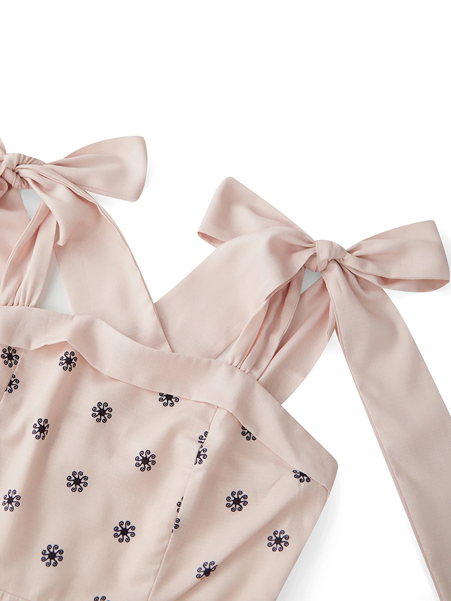 Damska letnia mini sukienka na ramiączkach z kwiatowym nadrukiem, wiązana na ramionach, bez pleców, zwiewna sukienka w kształcie litery A