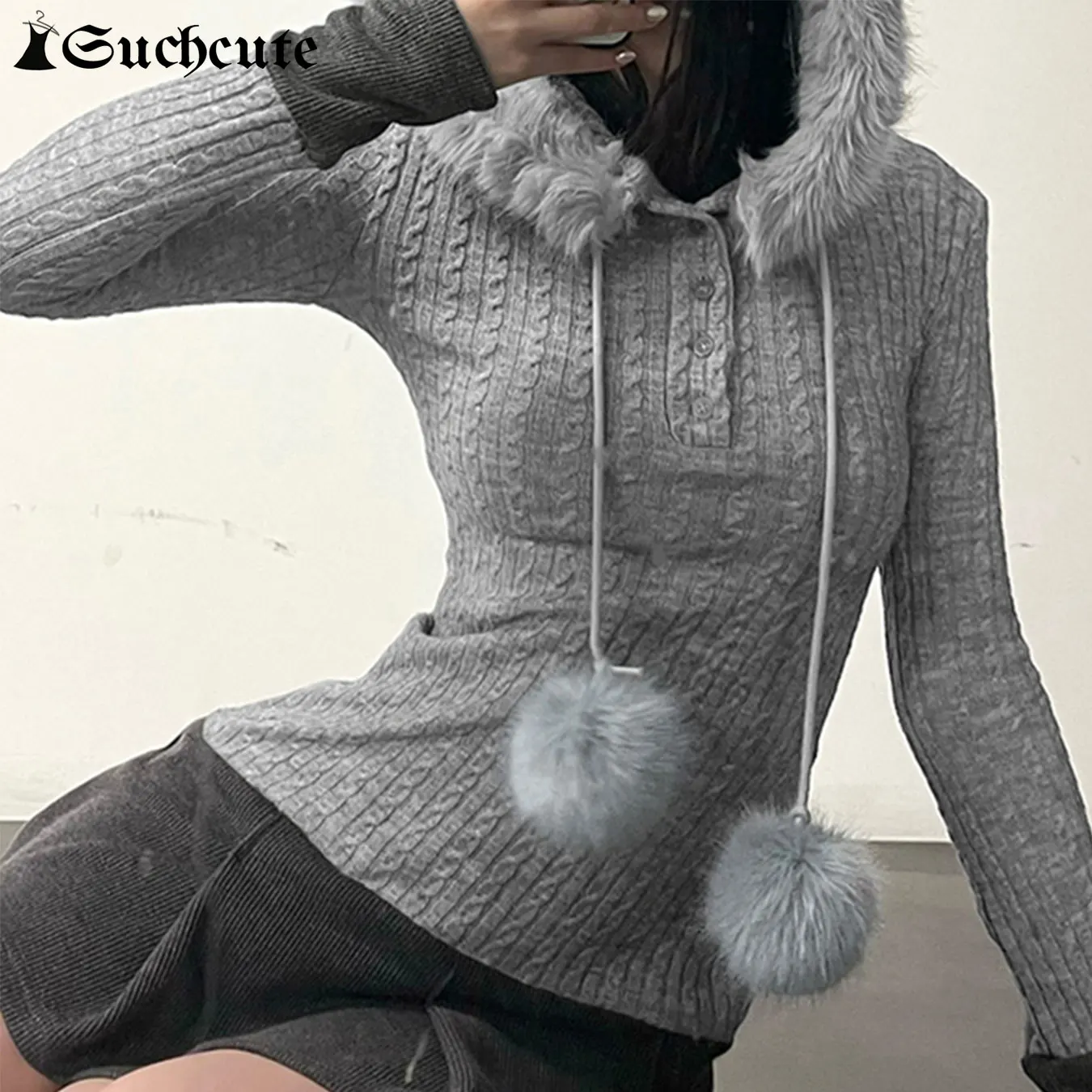 

SUCHCUTE Retro Twisted Hooded Patchwork Top Faux Fur Splicing Zipper Pullover Y2k Woolen Top Women Cardigans Autumn Sweater 2025