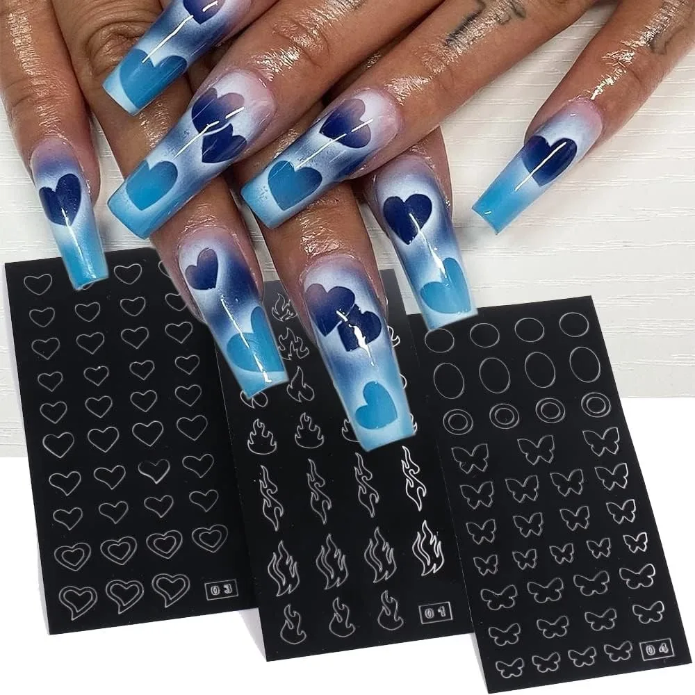 24 Sheets Airbrush Stencil Nail Art Stickers Decals Set with Heart Butterfly Flower Moon Stars Hollow French Manicure Templates for DIY Nail Decorations Printing Tool