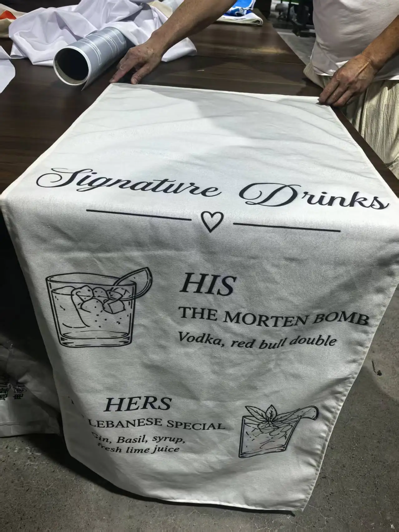 Custom Linen Wedding Bar Menu Banner Signature Drinks Table Runner for Rustic Modern Reception Party Decoration Sign