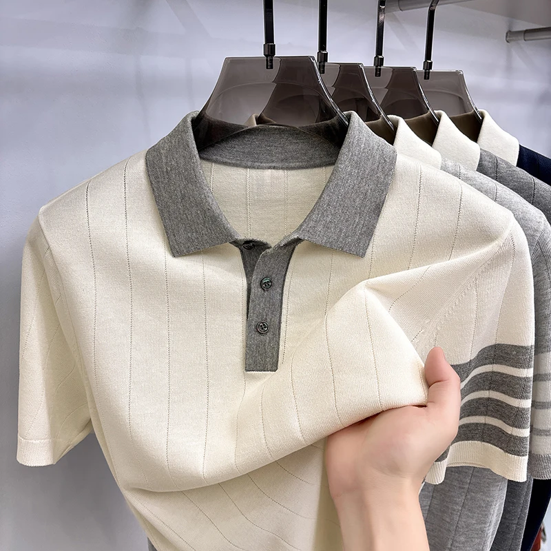 Unique color blocked short sleeve men's polo shirt luxury brand fashion striped design summer casual comfortable knitted T-shirt