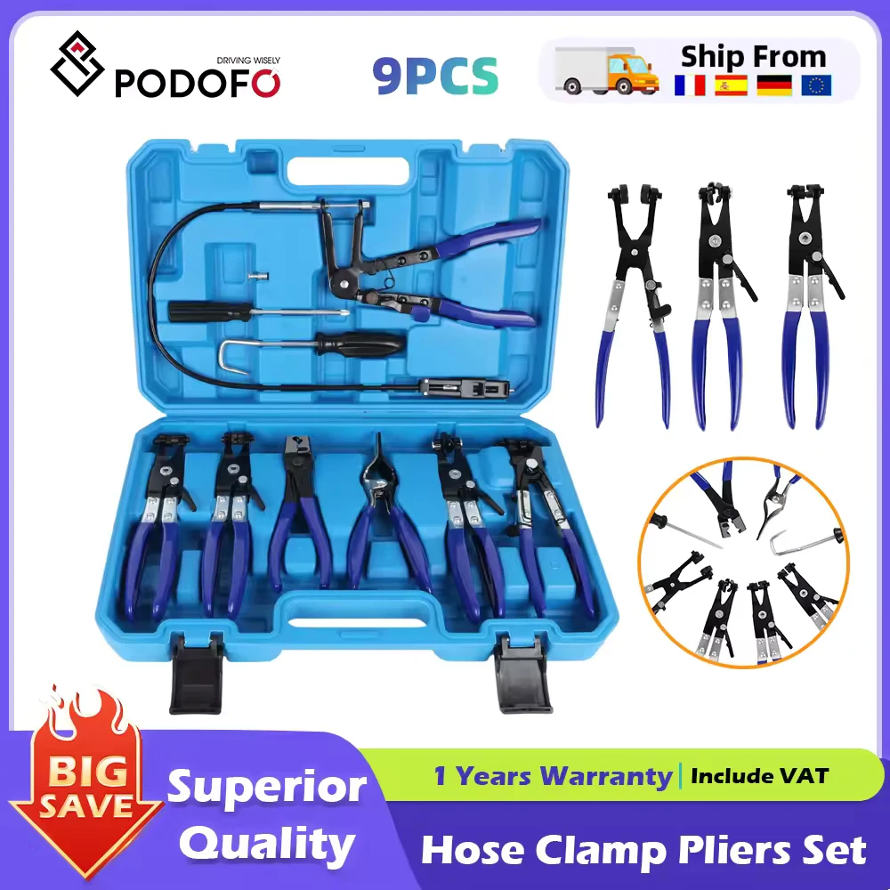 Podofo – Kit de 9 outils de démontage de garnitures de voiture, pinces à colliers de serrage à long manche, outils automobiles pour tuyaux de carburant, d'huile et d'eau, pour voitures et camions