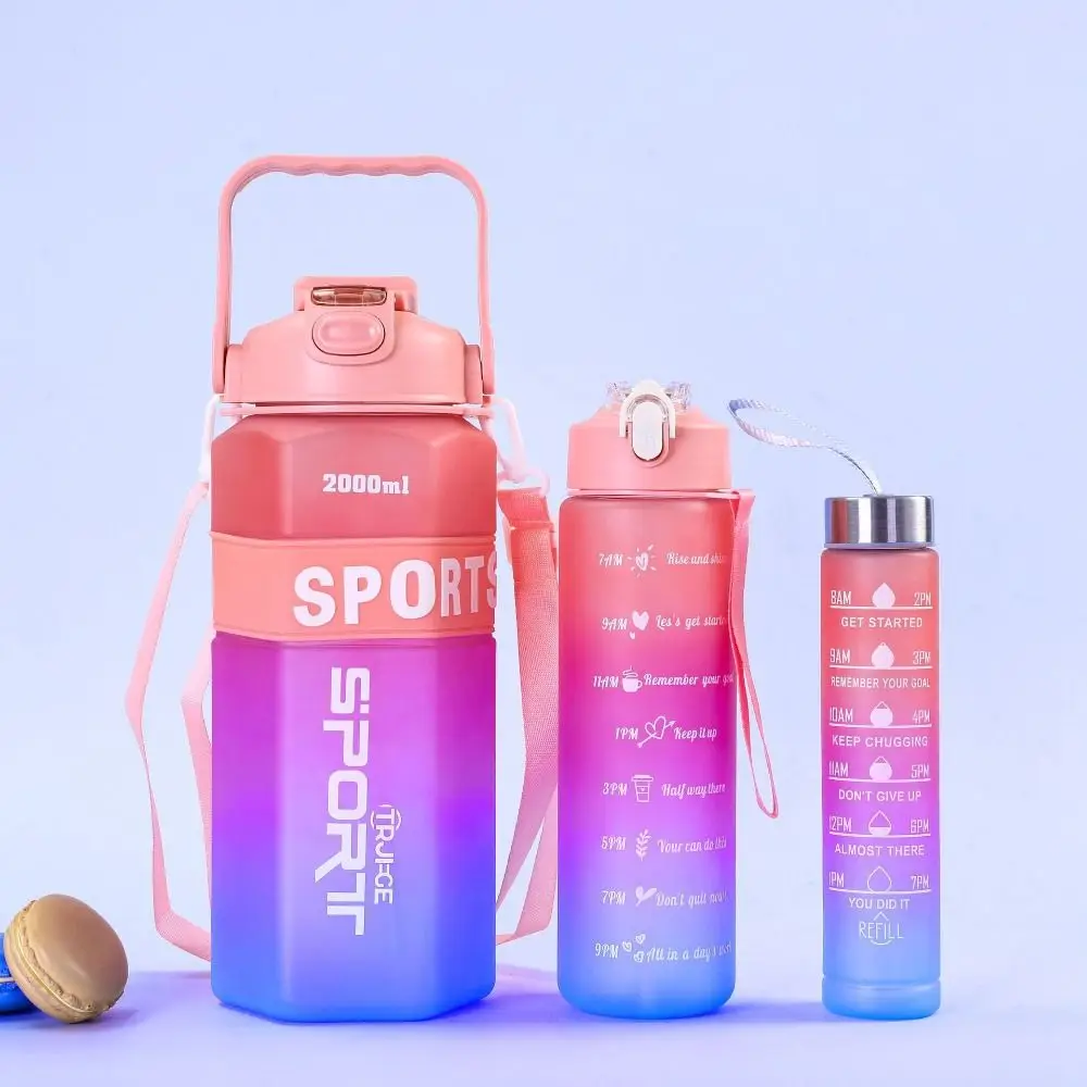 Three Piece Set Sports Water Bottle Set Hexagon Frosted Leak Proof Colorful Cup with Straw Gradient Color Fitness Sports Kettle