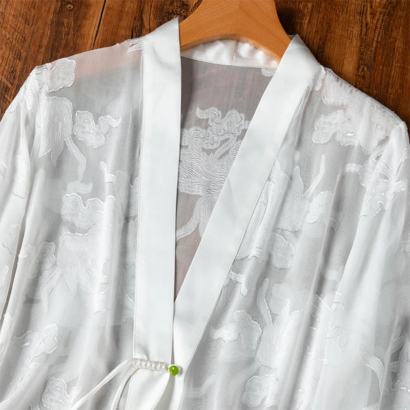 Women Silk Cardigan 100% Mulberry Silk White Transparent Sunscreen Kimono Coat Shawl Blouse Top Shirt Summer Beach Cover M1188