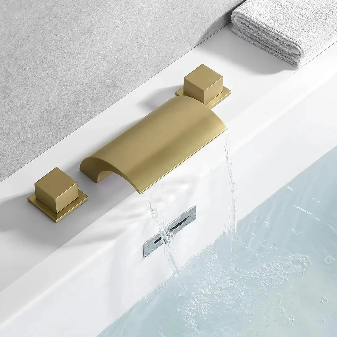 Gold Bathroom Roman Style Tub Faucet with Waterfall Hand Spout Shower 3 Hole Deck Mount Robinet De Baignoire Basin Taps Set