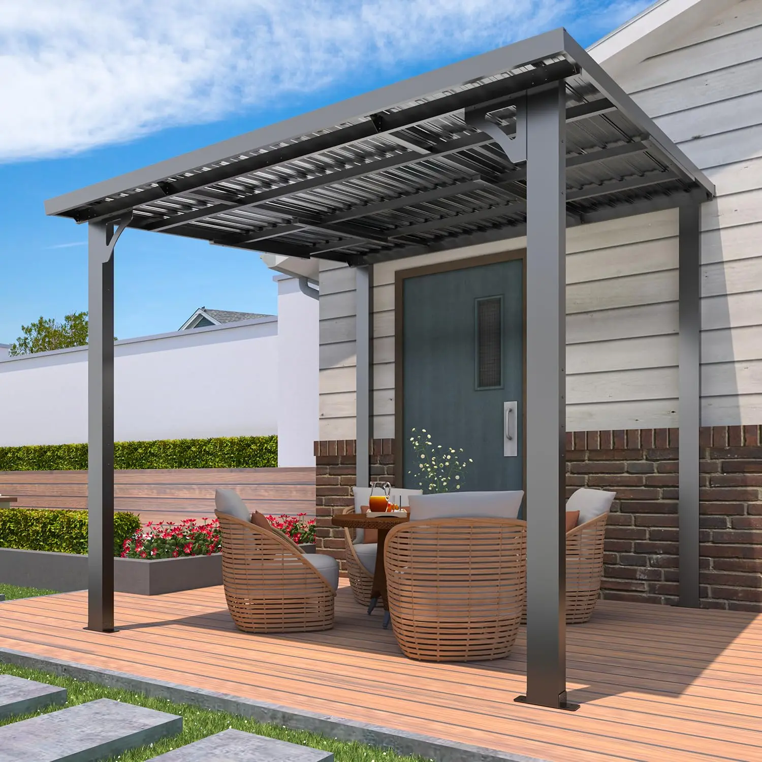 8x8 Hardtop Gazebo Outdoor Pergola, Small Heavy Duty Lean to Metal Pergolas and Gazebos Clearance, Wall-Mounted, Customized