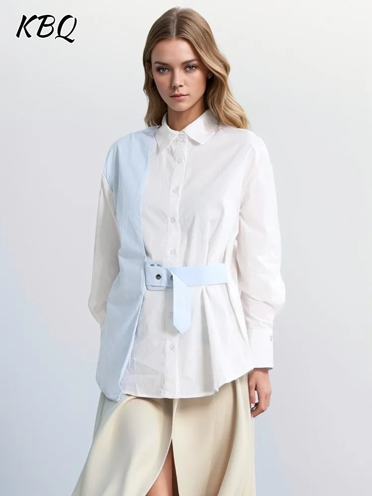 

KBQ Spliced Belt Asymmetrical Hit Color Blouses For Women Lapel Long Sleeve Single Breasted Loose Casual Shirts Female Fashion