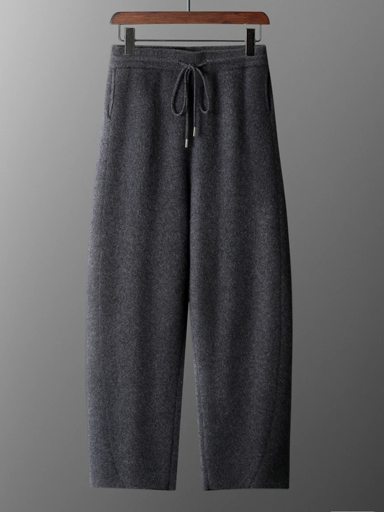 Men Wool Banana Pants Autumn Winter Loose Thicken Pencil Pants Drawstring Elastic Waist 100% Merino Wool Knitted Casual Trousers