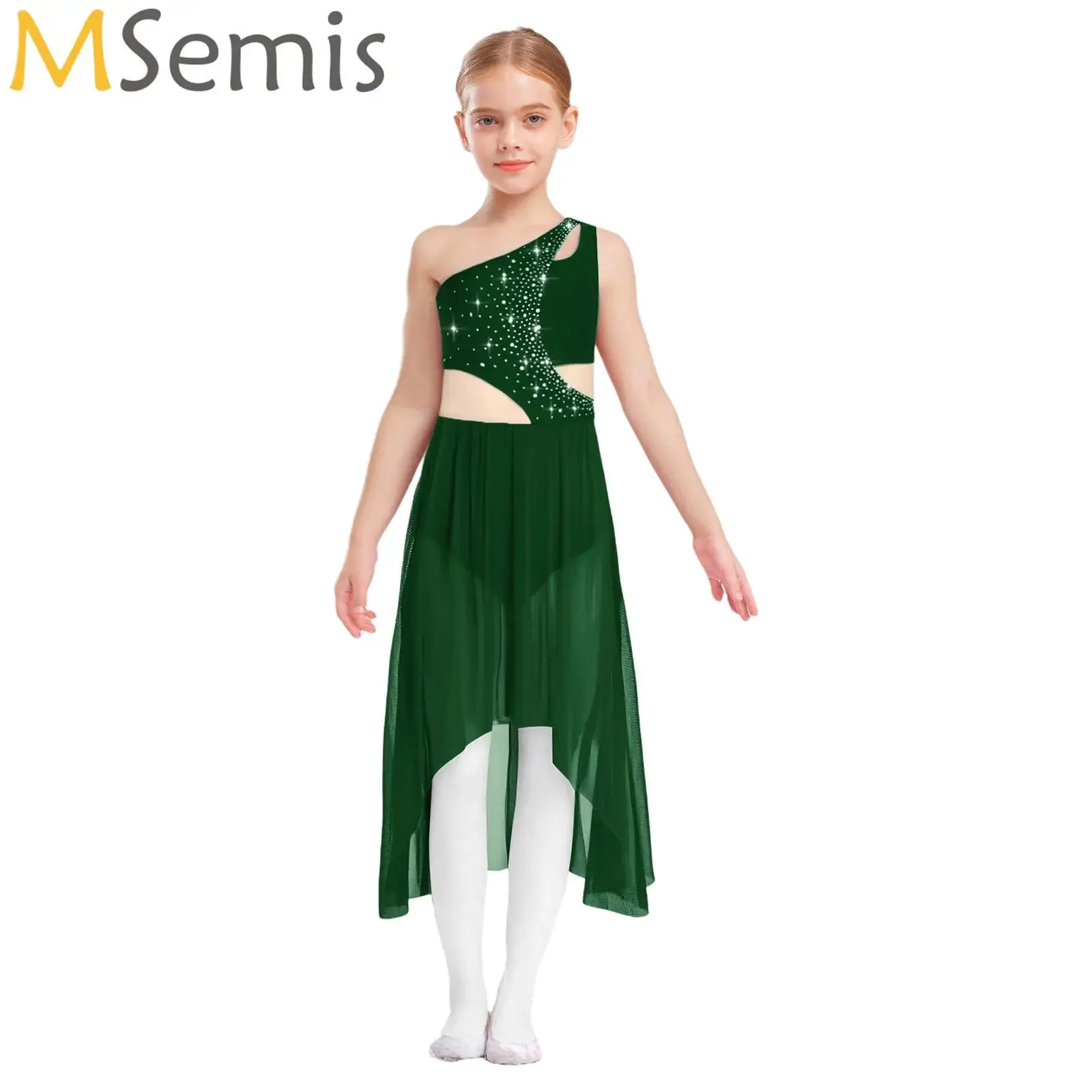 

Girls Lyrical Dance Dress One Shoulder High-Low Flowy Mesh Dress Ballet Figure Skating Gymnastics Stage Performance Costumes