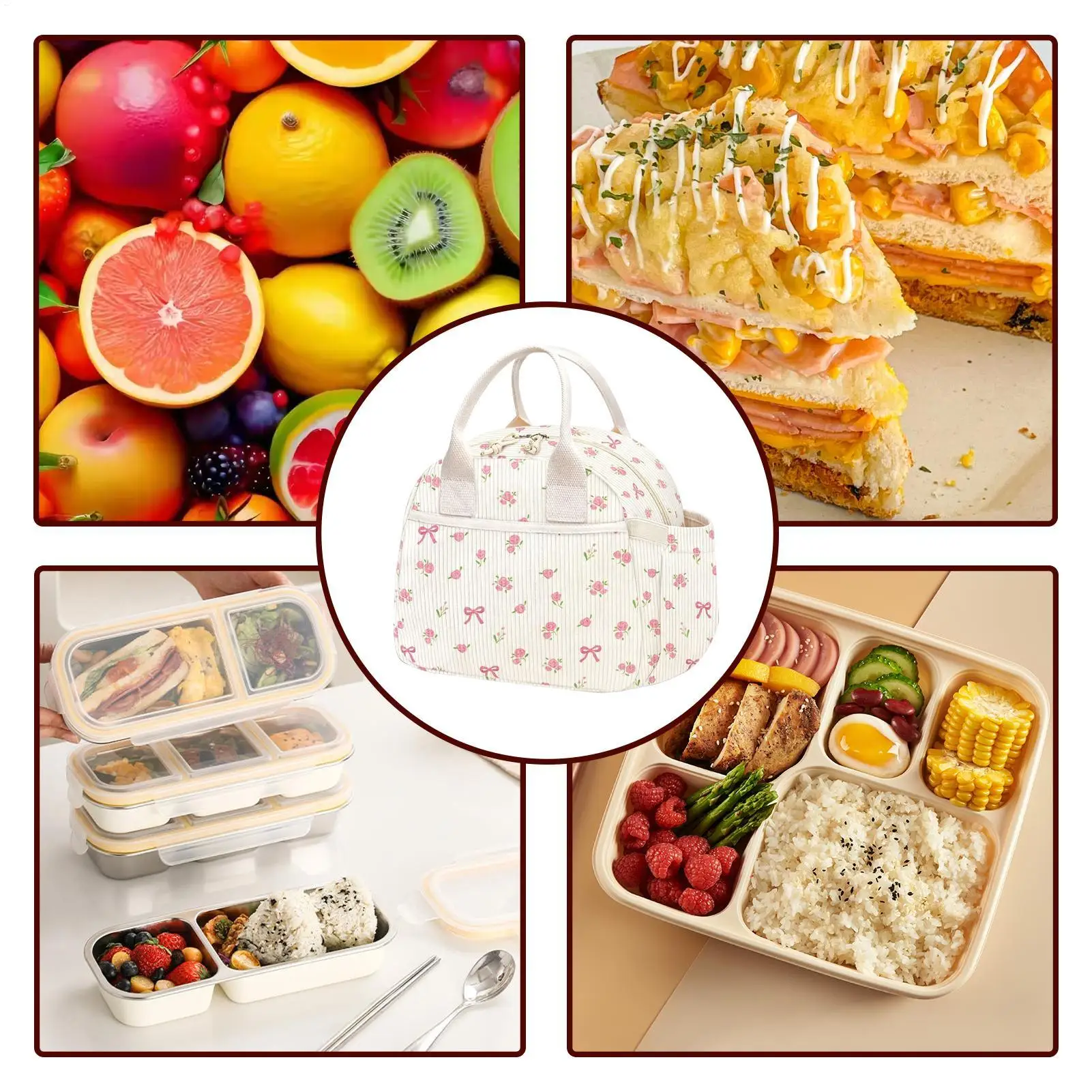 Cute Lunch Box Large Insulated Leakproof Reusable Corduroy Fabric Pink Insulated Lunch Box For Women Girls Office School Picnics view 3