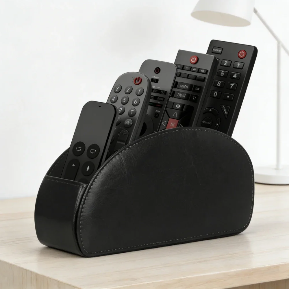 5 Compartments PU Leather Remote Control Storage Box, Desktop Organizer for TV Aircon Remotes, Living Room Holder