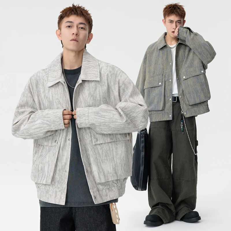 

American High Street Tie Dye Jaet Men's Winter Retro Collar Workwear Outerwear Trendy Casual Top Polyester Fabric