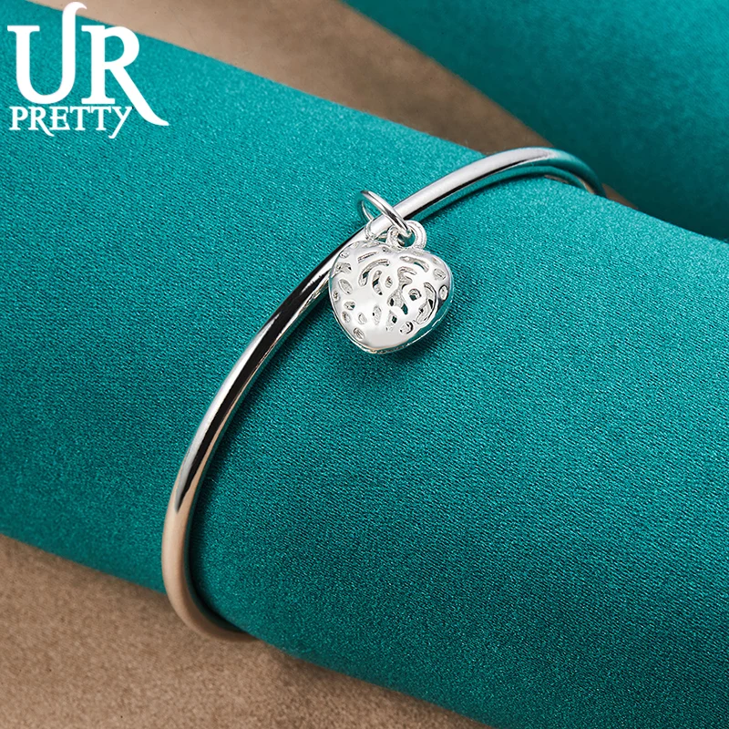 

925 Sterling Silver Adjustable Opening Heart Pendant Bangle Bracelet For Women Party Gift Engagement Wedding Fashion Jewelry