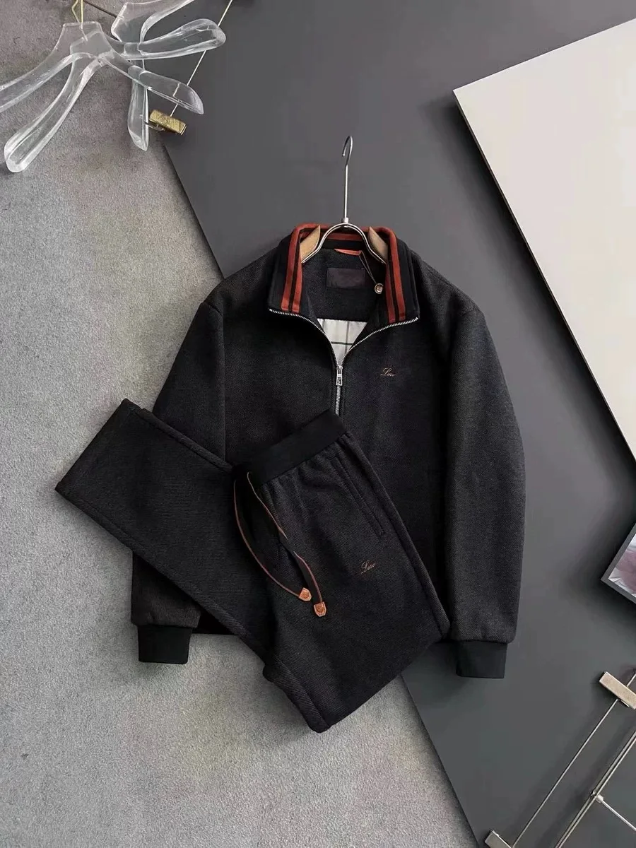 

Trendy Men's Woolen Collar Jaet And Pants Set Autumn Winter New Sle Casual Sports Wear Long Sve Youth Faion