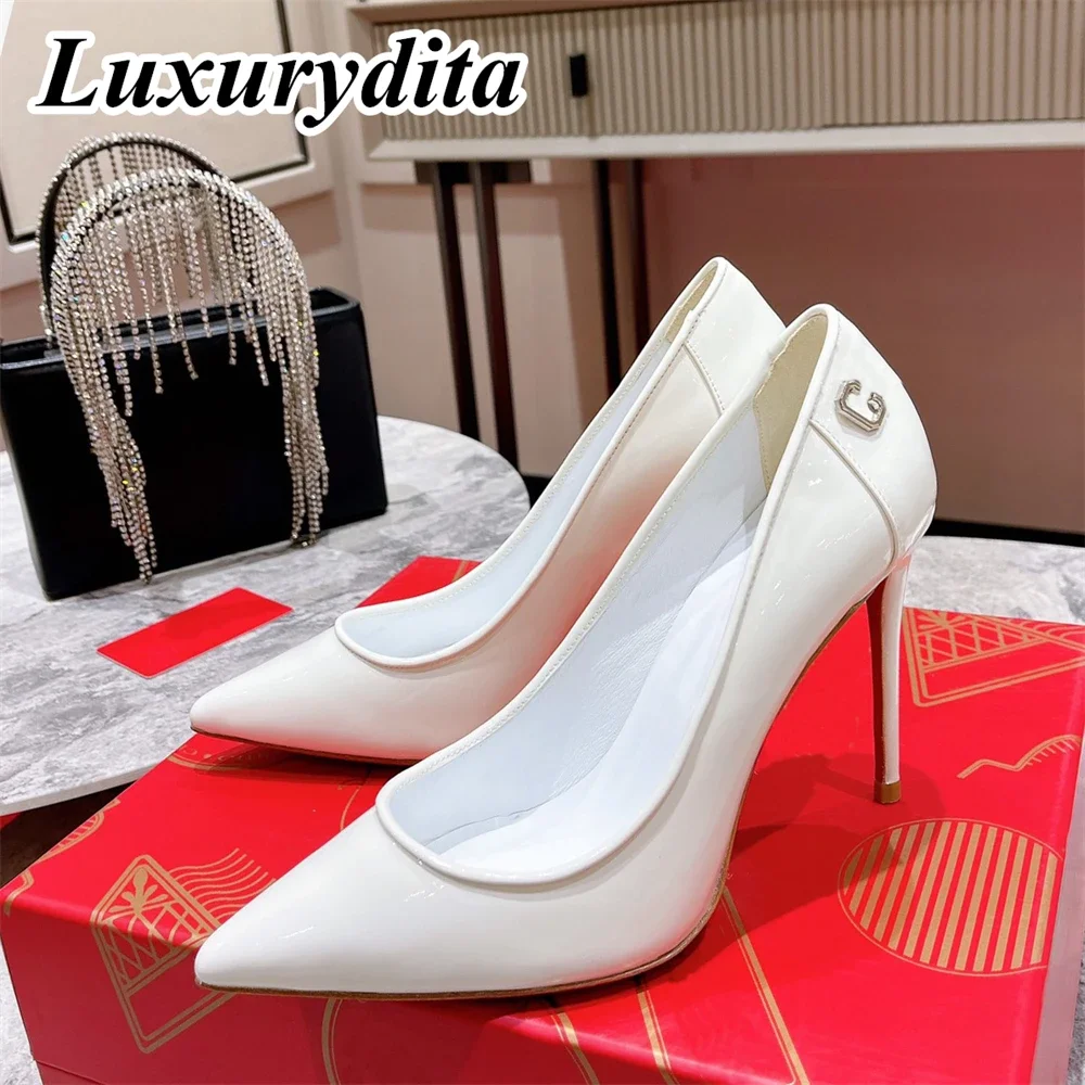 

LUXURYDITA Women Sandal Luxury 10cm 12cm High Heels Designer Customize Red Heel so kate Socialite Dinner Mules Flat shoes H220