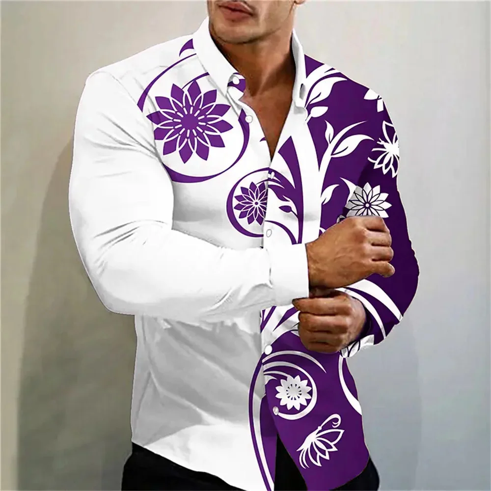 2024 neues mehrfarbiges Modehemd mit Blumen druck für soziale Partys, langärmliges Cardigan-Shirt für Herren mit Revers und Übergrößen XS-6XL