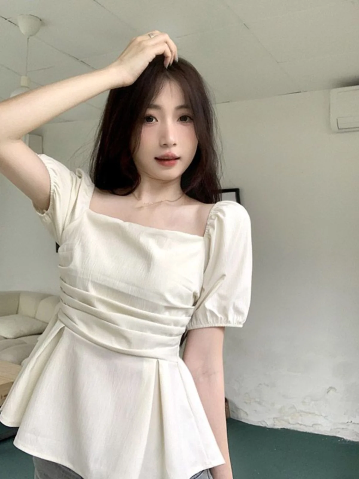 plus Size Women's ort irt Square Collar Doll Sle Slimming Belly Cover Summer Faion Waist Cinching Bubble Sve Top