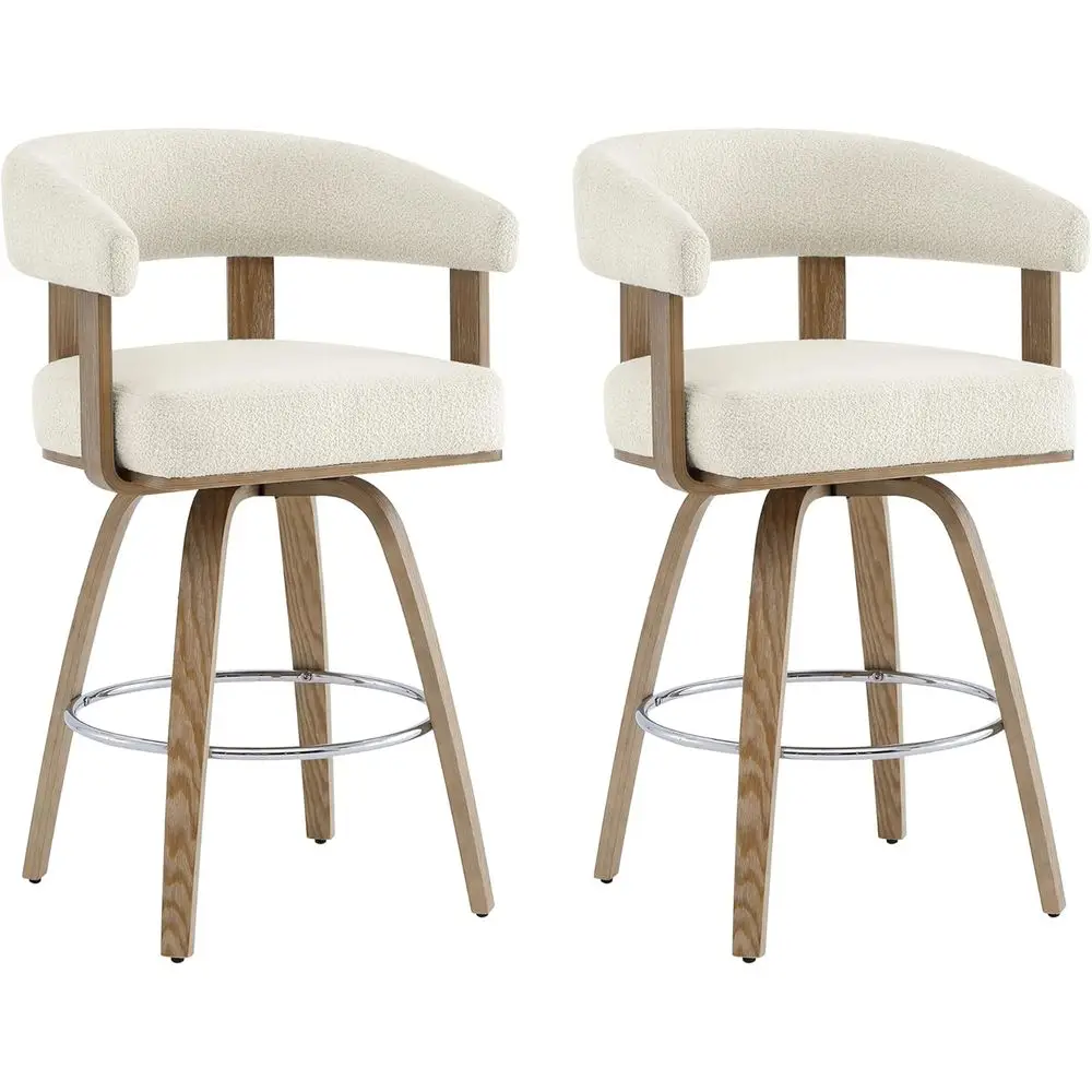 

Set of 2 Cream Polyester Upholstered Bar Stools with Back and Armrest, 27 Seat Height for Kitchen Island Home Bar