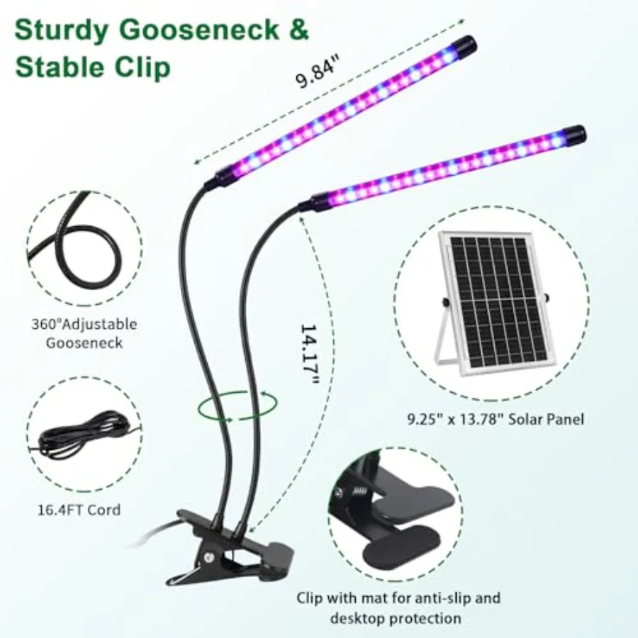 Solar Grow Lights with Batteries, 2 Heads Clip Plant Growing Lamp with Red Blue Spectrum for Indoor Plants, 3/9/12H Timer, 3 Di