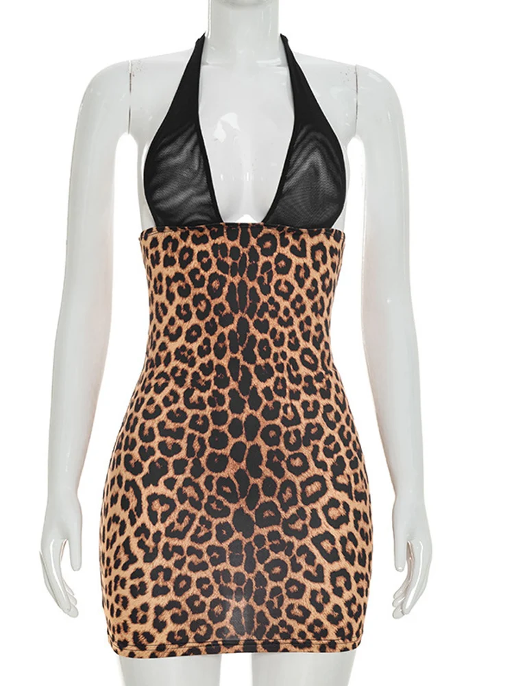Kricesseen Sexy Leopard Mesh Patchwork Minikleid Damen Bandage Ärmelloses Bodycon-Kleid Rückenfreies Clubwear Vestidos – Detail 1