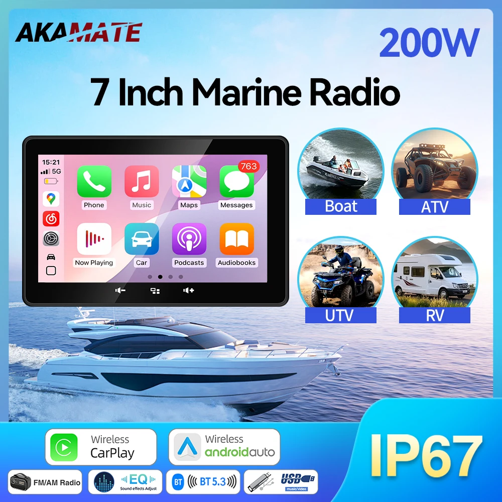7インチマリンラジオボートラジオCarPlay Android AutoメディアプレーヤーFM AMレシーバー防水Bluetooth AUX USB RV ATV UTV SPA用
