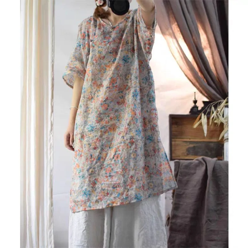 

Original Chinese Retro Zen Shirt Dress Women Summer Ramie Printed Improved National Style Vintage Shirt Dress Female