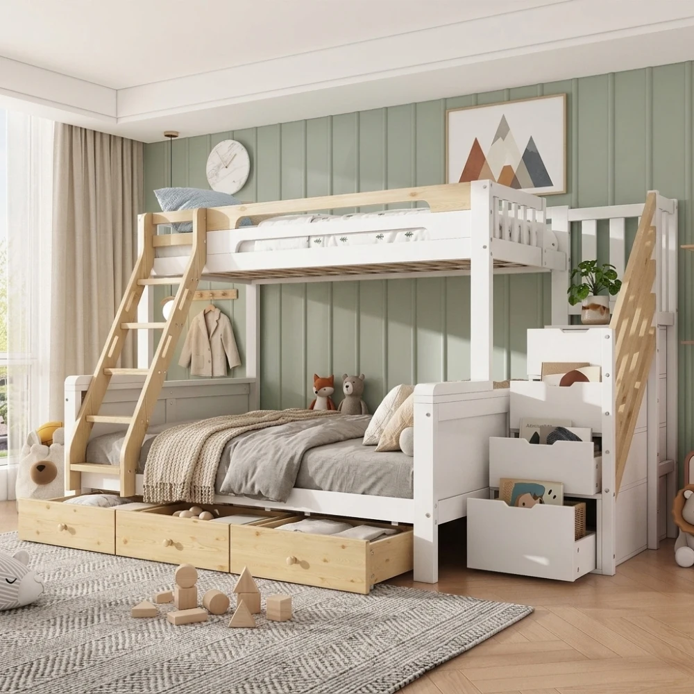 Lit superposé familial en bois double 90×200 et 140×200 cm, avec escalier de rangement intégré + échelle auxiliaire, équipé de 3 grands tiroirs de rangement aux côtés du lit et de barrière de sécurité anti-chute, cadre de couchage multi-places pour enfants, meuble de rangement pour chambre d'enfant et appartement familial