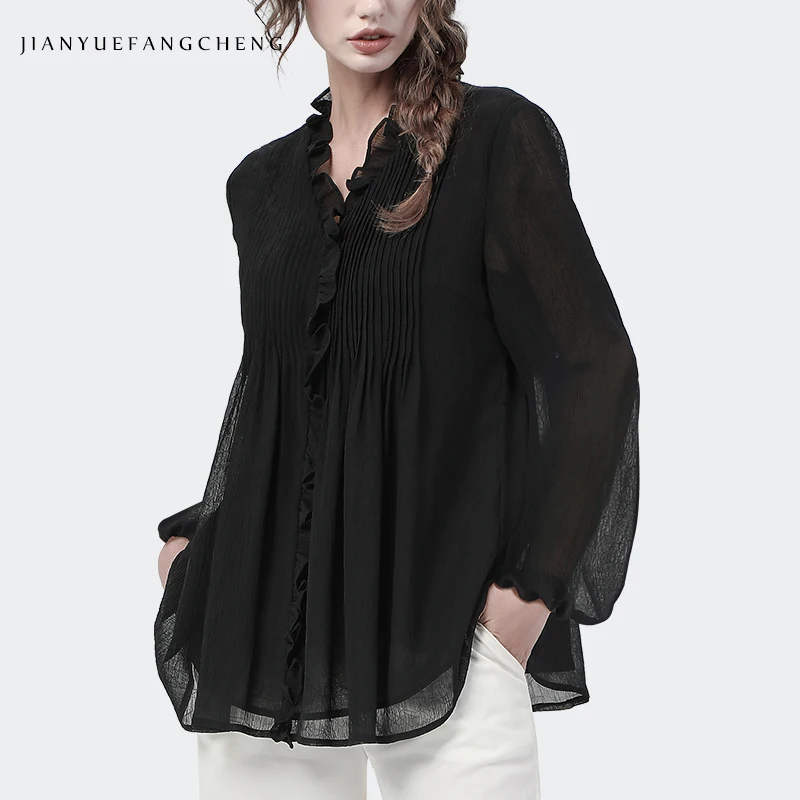 Loose-fitting Pleated Black Chiffon Blouse Women\' 2024 Spring Summer Tops Ruffles V-Neck Lantern Sleeve Plus Size Blouses