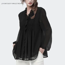 Loose-fitting Pleated Black Chiffon Blouse Women' 2024 Spring Summer Tops Ruffles V-Neck Lantern Sleeve Plus Size Blouses