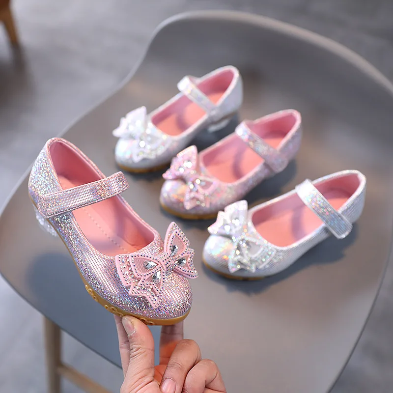 

Girls Princess Crystal Shoes New 2023 Spring Autumn Non-slip Performance Party Leather Shoes Children's Fashion High Heels Shoes