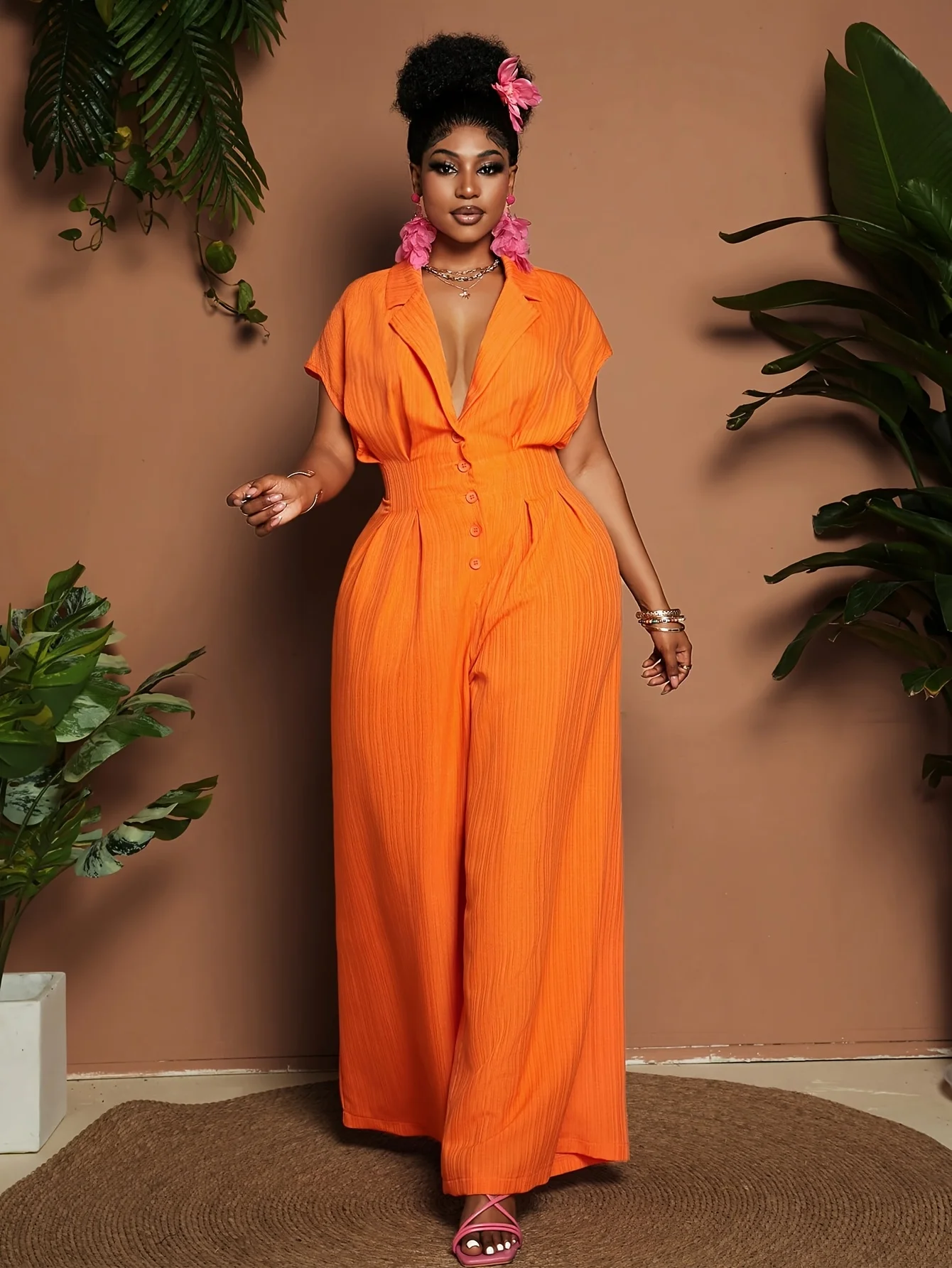 

Women's Plus Size Orange Textured Lapel Collar Short Sleeve Button Front Wide Leg Jumpsuit Casual Romper