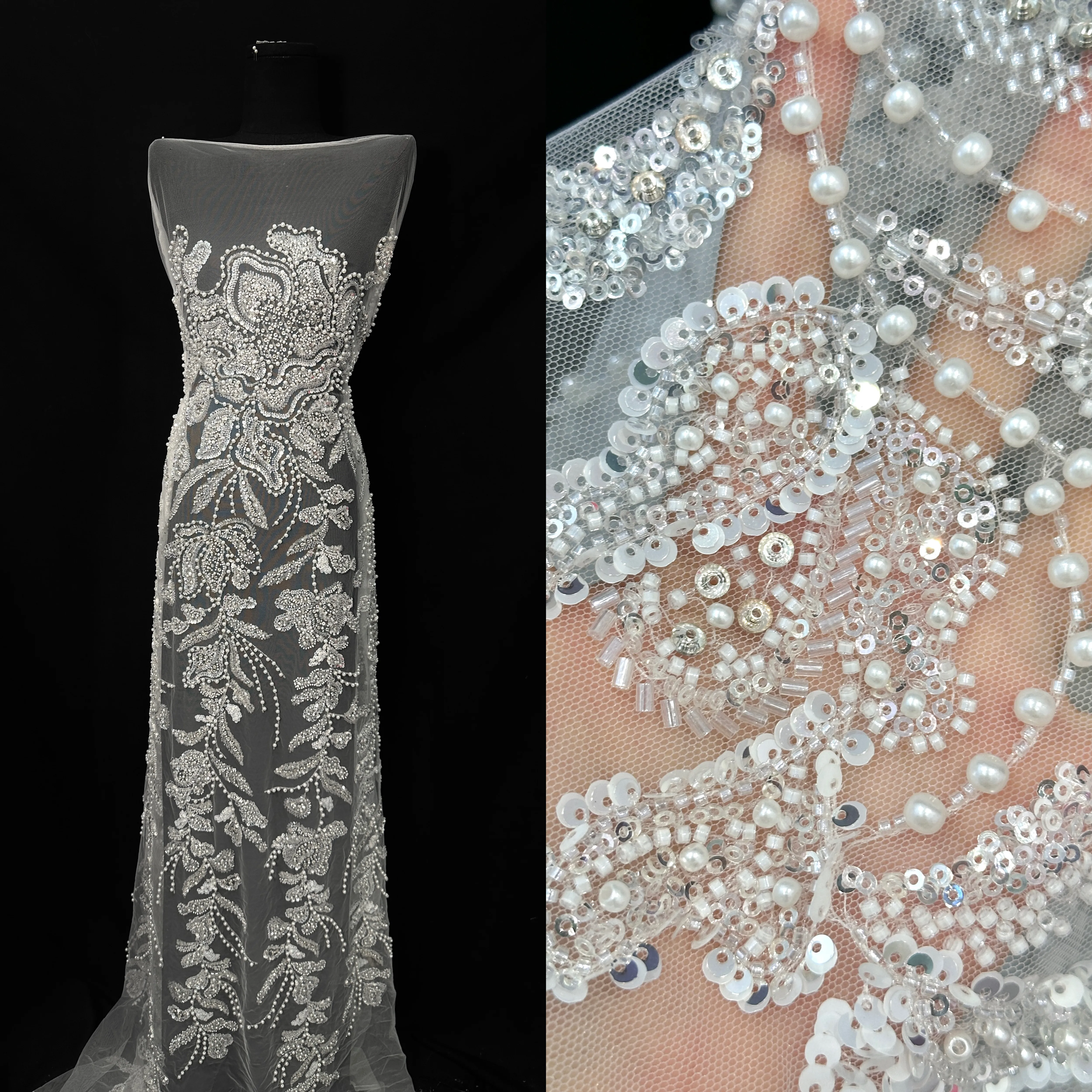 Brial encaje de malla blanca de lujo de alta gama hecho a mano lentejuelas tela de encaje con cuentas nigeriano con cuentas tela de lentejuelas para vestido de novia