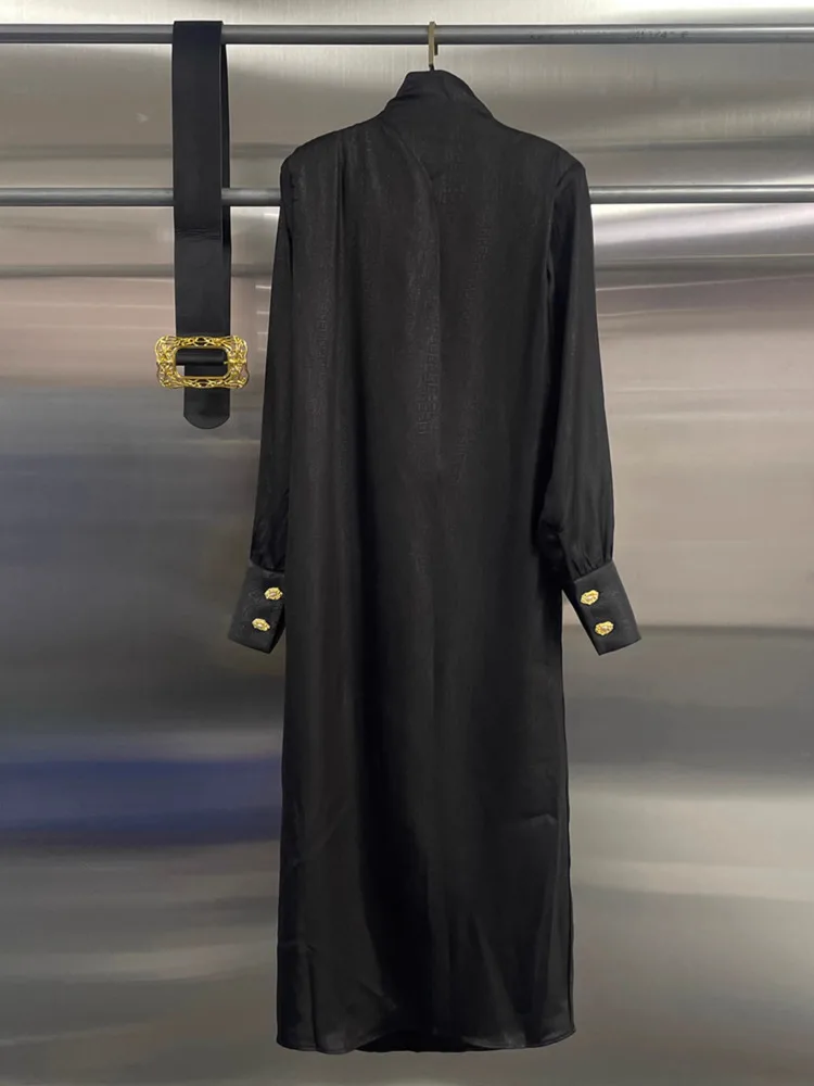 DFDG 2025 فستان عمل أنيق للنساء لربيع وصيف بأكمام طويلة وربطة عنق وأزرار ذهبية عالية الخصر فستان حفلات الزفاف للضيوف #2