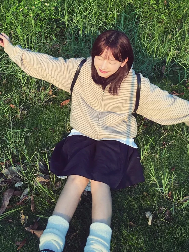 

Толстовка в американскую полоску в стиле ретро с капюшоном на молнии, свободная осенняя верхняя одежда, повседневное пальто из хлопка и полиэстера