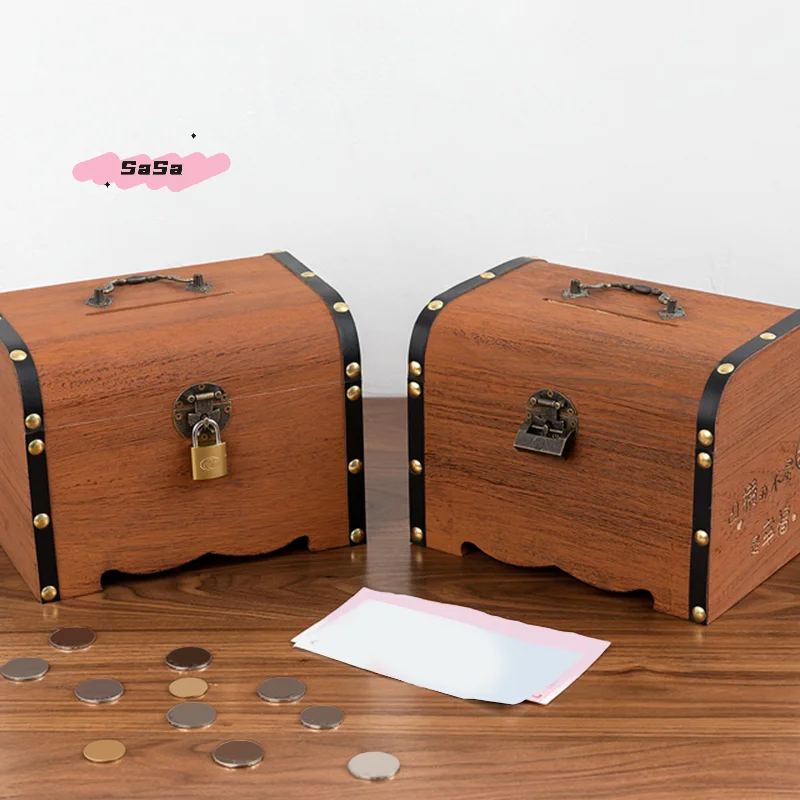 مجموعة واحدة من صندوق الكنز الخشبي العتيق مع قفل - صندوق تخزين منظم حصالة الخنزير للديكور المنزلي