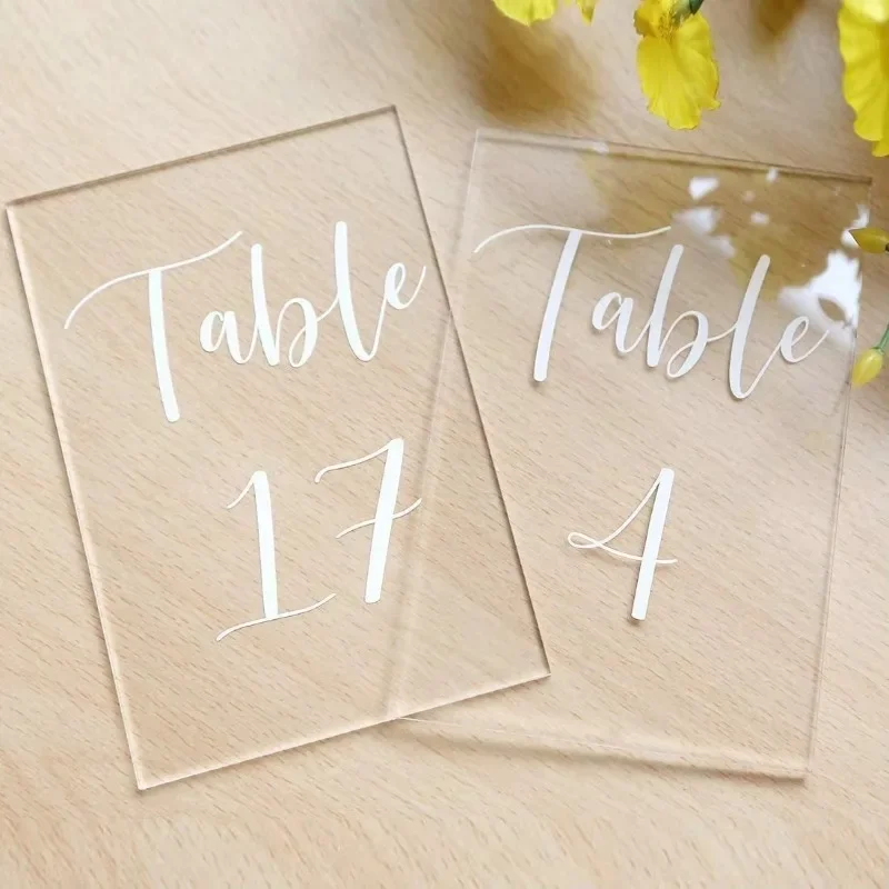 Letrero de número de boda acrílico transparente con tarjetero personalizado, tarjeta de asiento moderna arqueada, número de mesa en blanco