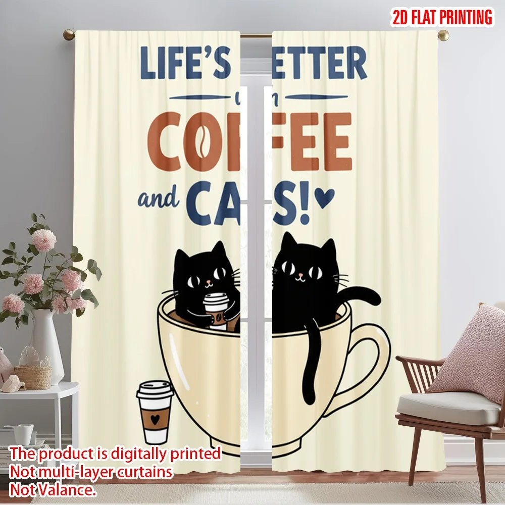 

2pcs 2D flat printing Curtains Life Better Coffee Cats 100% Polyester Fabric Without Electricity Family Party Perfect for