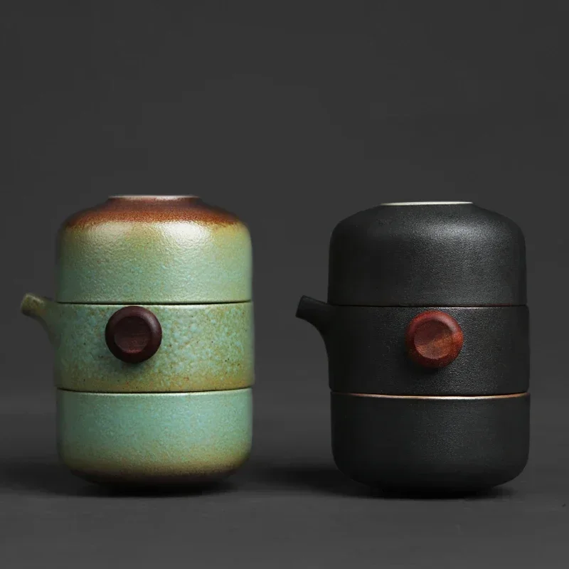 Retro kiln changed rough pottery one pot and two cups travel tea set, hand-made ceramic portable black pottery tea maker