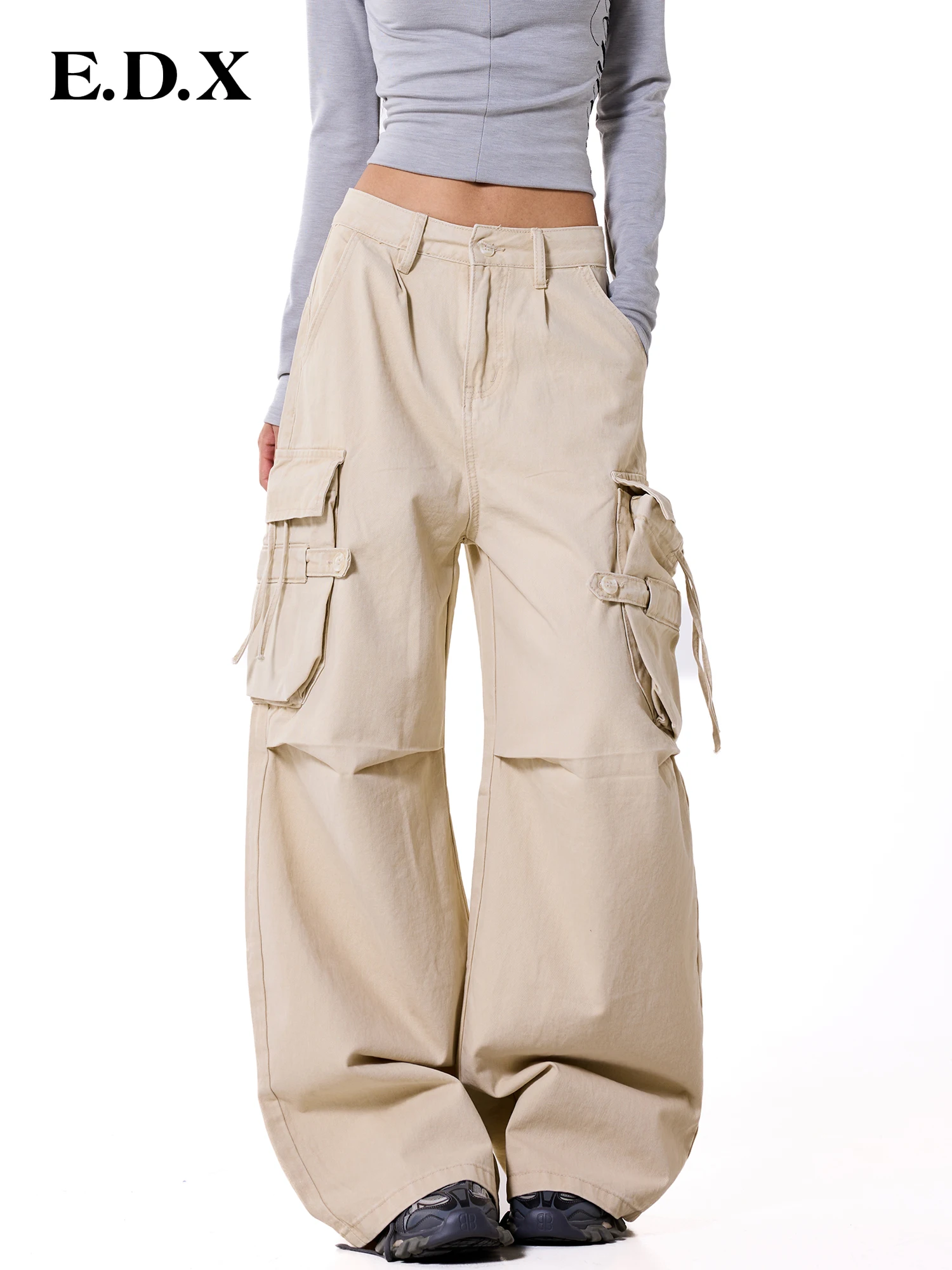 EDX Light Colored Wide Leg Casual Pants Women's Autumn New Belt Design American Snap Picture Knife Workwear Trousers