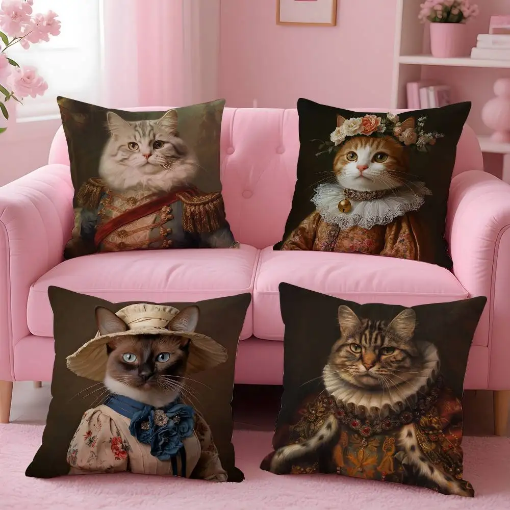 Renaissance Royal Cat Funny Pillow Case Pattern Printed Pillowcase For Living Room Sofa Cushion Cover & Bedroom Decor