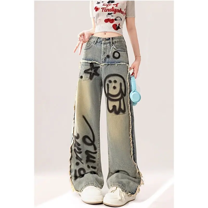 Straight Leg Cartoon Dog Ripped Raw Hem Long Jeans Women Denim Pant boyfriend casual 2024 y2k e-girl fairycore 2000s grunge cute