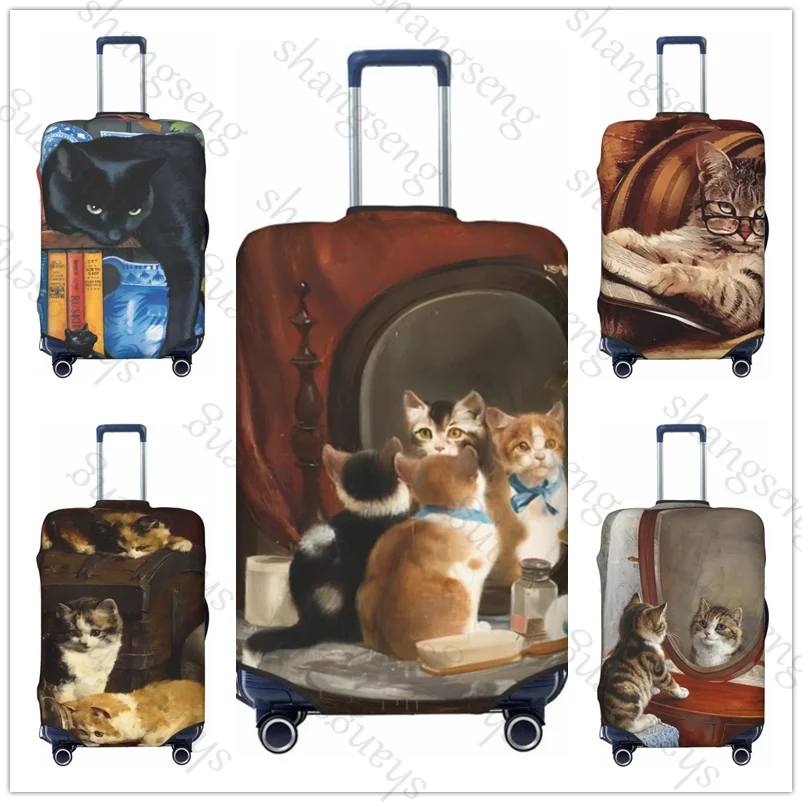 

Oil Painting Cat Travel suitcase protective case, suitcase cover, elastic protection, washable Luggage cover, 18-32 in animal
