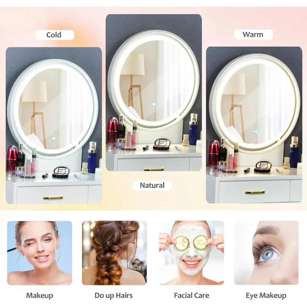 مجموعة فانيتي مع مرآة مضاءة خافتة تعمل باللمس، 3 أوضاع إضاءة ملونة، طاولة تزيين مكياج لغرفة النوم الحديثة مع