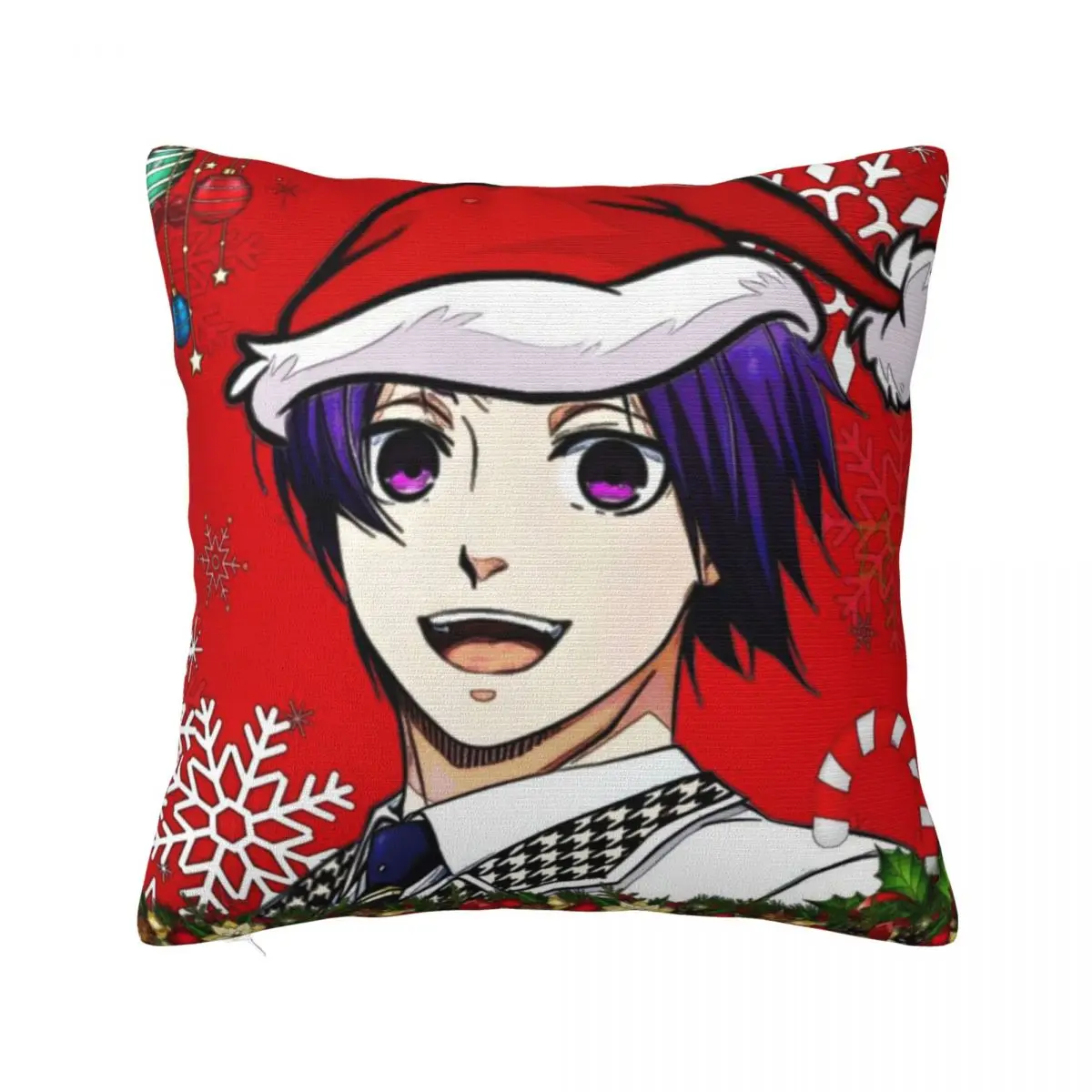 Paars Haar Anime Jongen Kerstmuts Kerst Kunst Kussensloop Kussenhoes Zacht Kussensloop Kawaii Kussenslopen Voor Huisdecoratie