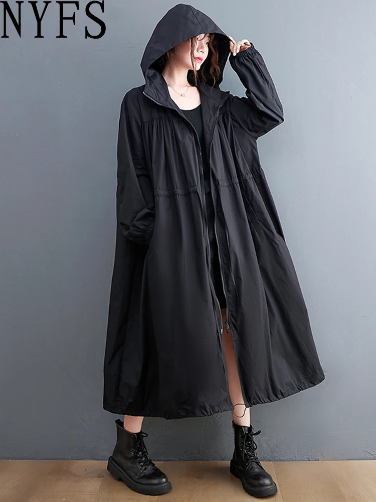 

NYFS 2024 New Autumn Office Lady Woman Wind coat Hooded Long Sleeve Loose Plus Size Long Trench